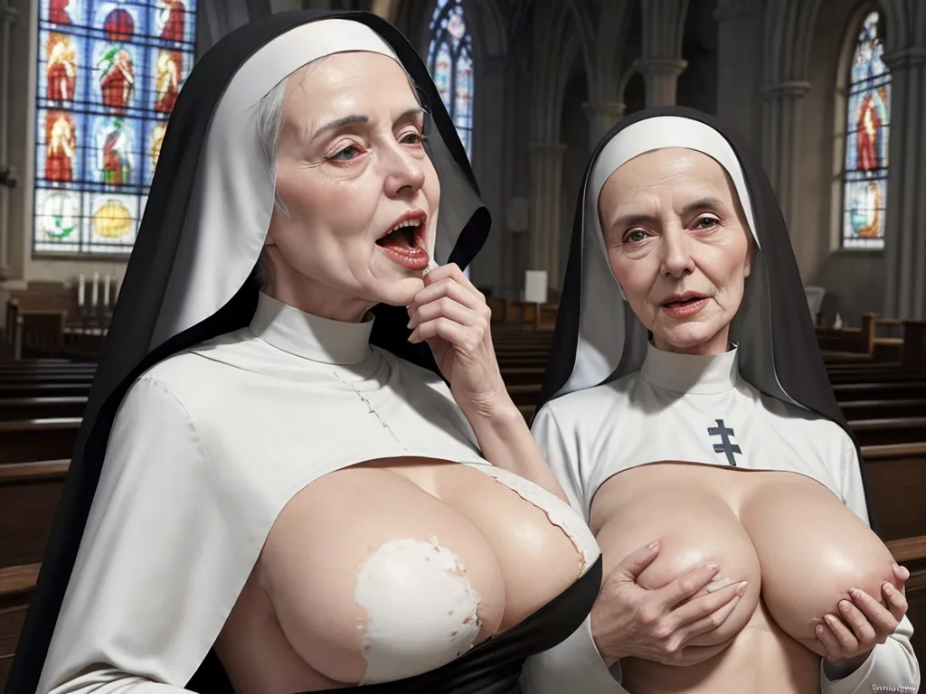 pichers of naked people - a nun and nunette are posing for a picture in a church with stained glass windows behind them and a fake breast, by Kent Monkman