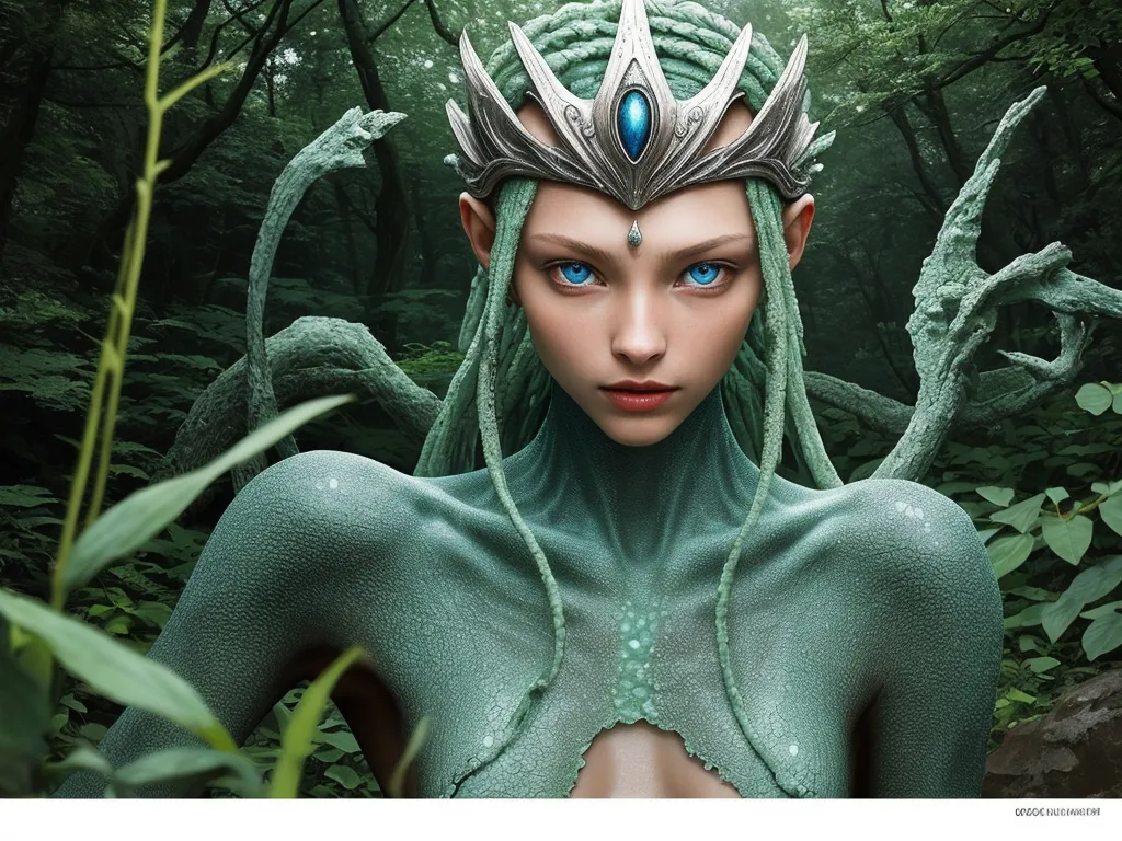 naked people pictures - a woman with blue eyes and a green body in a forest with trees and plants, with a strange creature like headpiece, by François Louis Thomas Francia