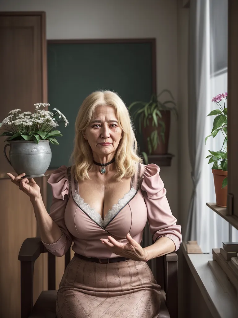 images of anime porn - a woman holding a potted plant in her hand and a vase with flowers in it on a chair, by Matthias Jung