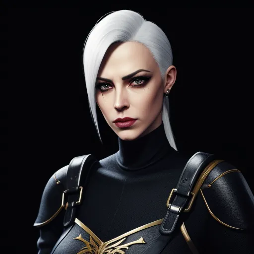 cartoon xxx anime - a woman in a black and gold outfit with a sword on her shoulder and a black background with a black background, by François Quesnel