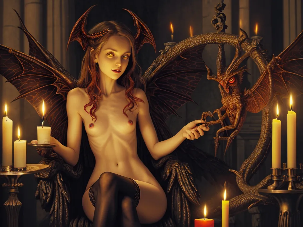 cartoon females nude - a woman with a dragon like body sitting in front of candles and a candle holder with a candle in it, by Heinrich Danioth