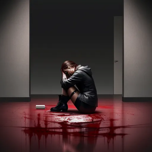 redhead teen naked - a woman sitting on the floor with her head in her hands and blood on the floor behind her,, by Gottfried Helnwein