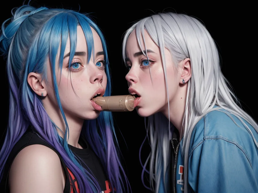 picture of people naked - two women with blue hair and white hair are licking a piece of chocolate in their mouths while one of them is wearing a black shirt, by Terada Katsuya