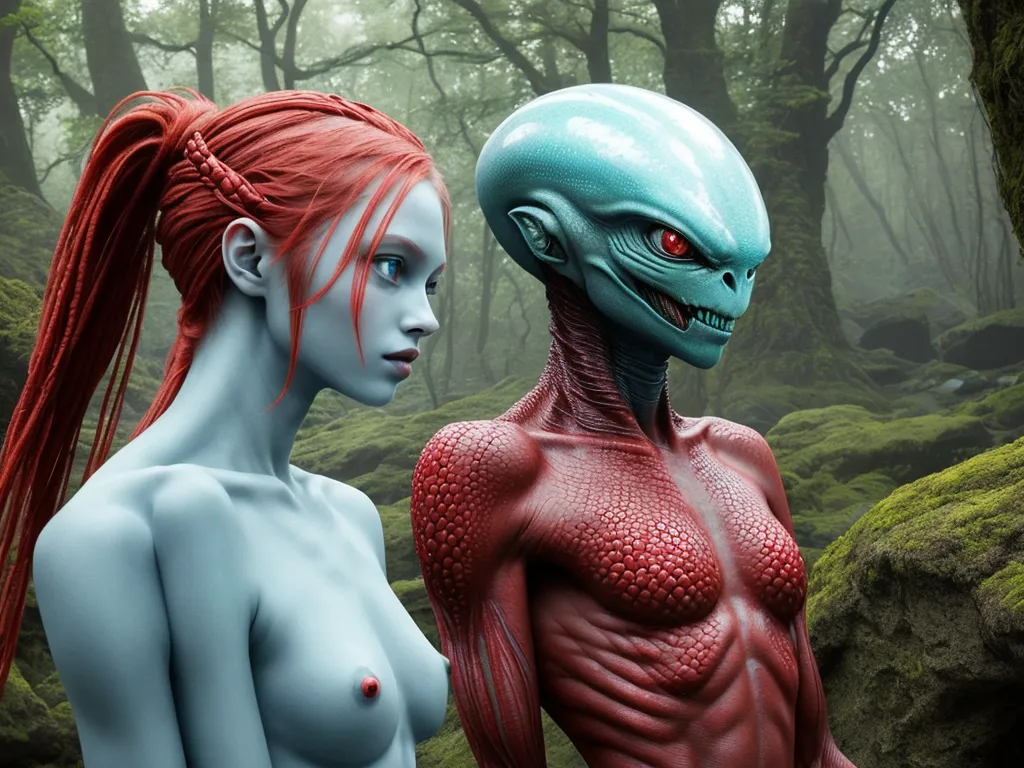 nude beach women - two alien women standing in a forest with red hair and blue skin, one with red eyes and one with red hair, by Terada Katsuya