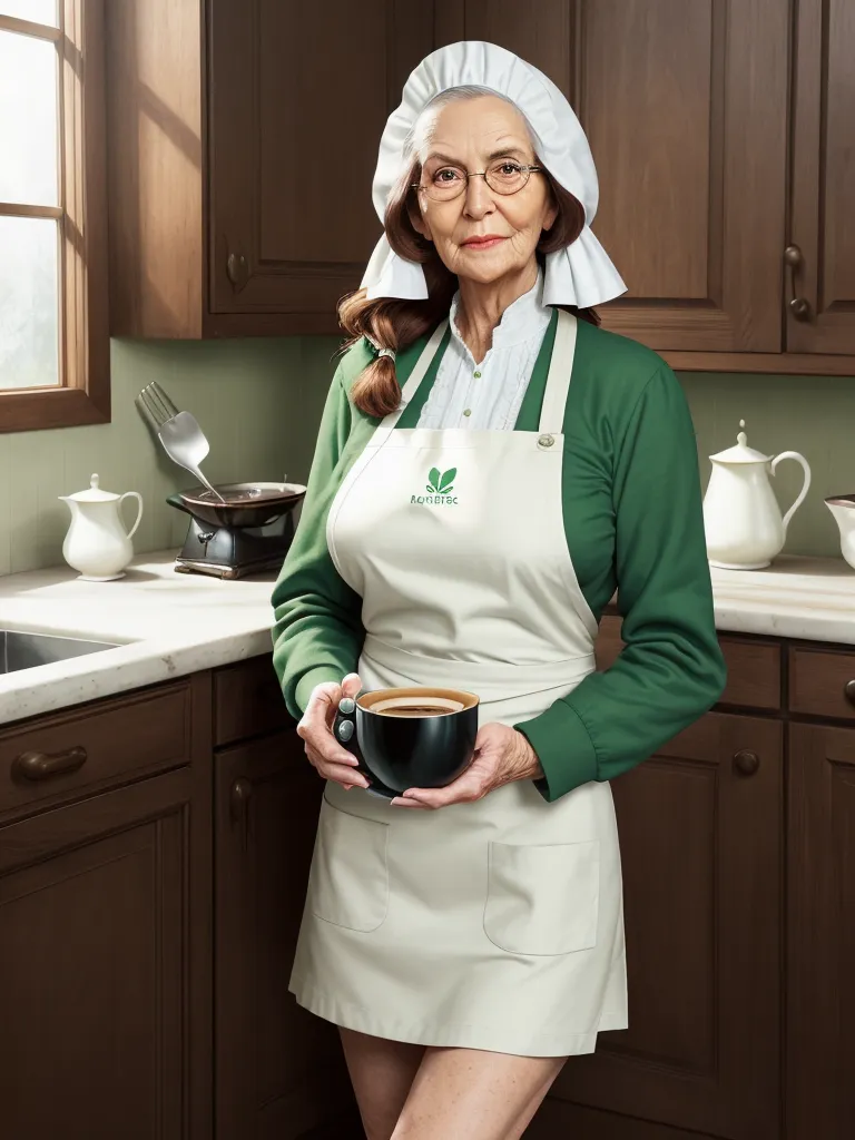 cartoon colouring pictures - a woman in a green sweater holding a cup of coffee in a kitchen with brown cabinets and a white apron, by Kent Monkman