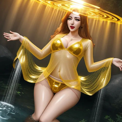 nude redheads pics - a woman in a gold costume is posing for a picture in the water with a golden halo above her head, by Chen Daofu
