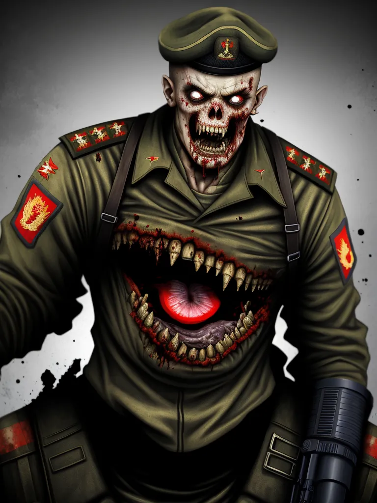 coloring cartoon characters - a zombie soldier with a gun and a bloody face on his chest and chest, with a red eye, by Chris Mars