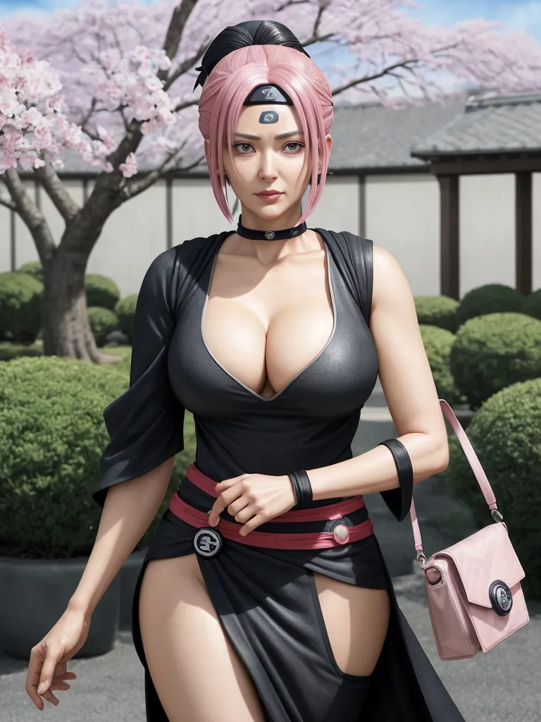 anime hentai pics - a woman in a black outfit with pink hair and a pink purse walking down a street with a tree in the background, by Akira Toriyama