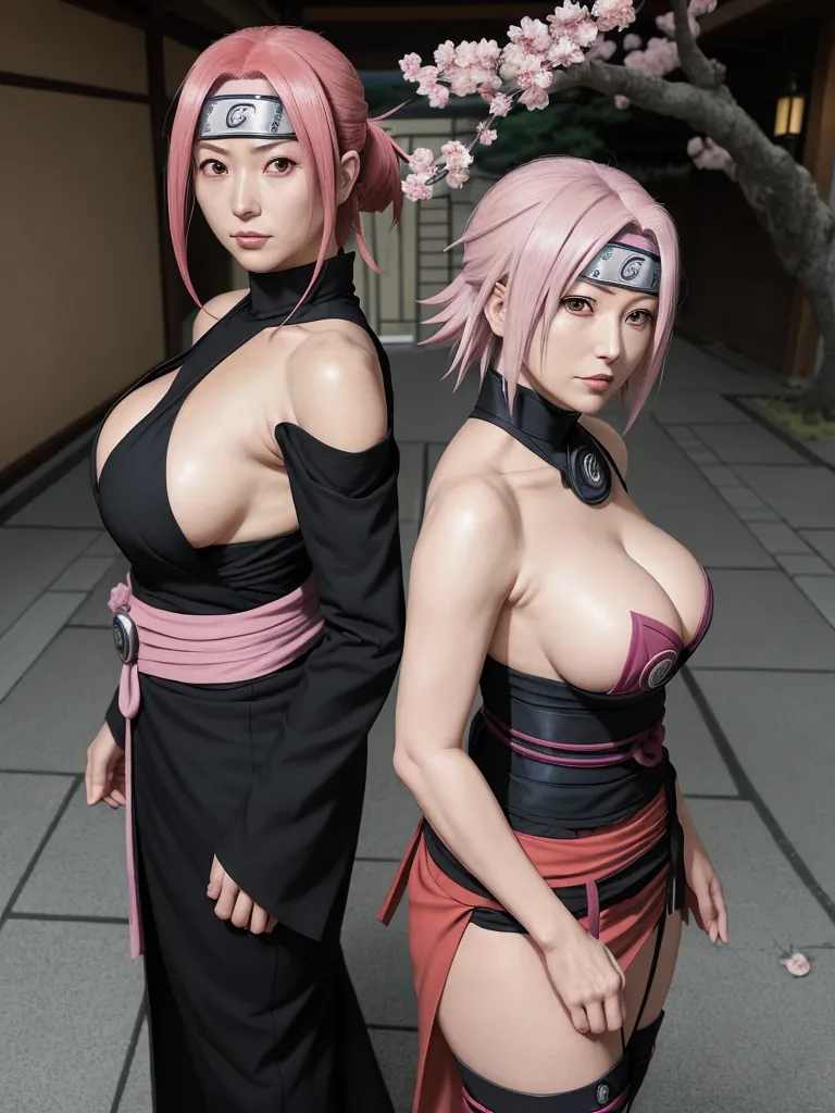 naked beach girls - two women in costumes standing next to each other on a sidewalk with cherry blossoms in the background and a tree with pink flowers, by Baiōken Eishun