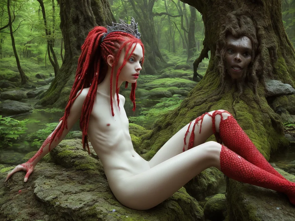 free amateur nude pics - a woman with red hair and a crown sitting on a rock in a forest with mossy trees and mossy rocks, by Chris Mars