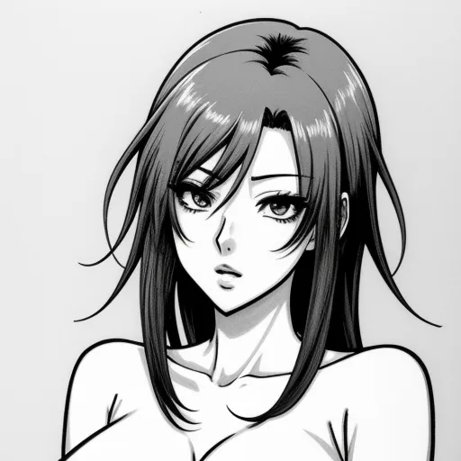 pictures of people naked - a woman with long hair and a ponytail is staring at the camera with a serious look on her face, by Masamune Shirow