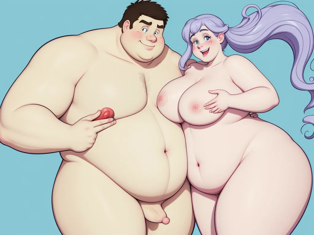 women on the beach nude - a cartoon of a fat man and a fat woman posing for a picture together, with a blue background, by Hanna-Barbera