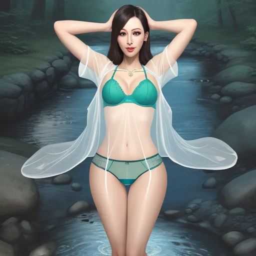 hot naked chicka - a woman in a green bikini and veil standing in a stream of water with rocks and trees in the background, by Chen Daofu