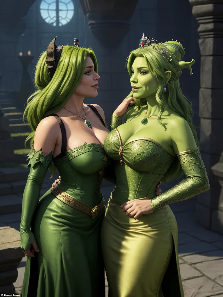 naked women on beach - two women dressed in green are standing next to each other in a castle like setting with a stone wall, by Edmond Xavier Kapp