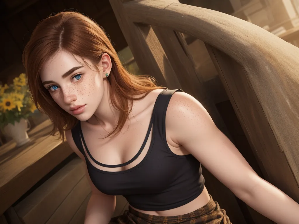 pichers of naked people - a woman with blue eyes and a black top on a porch with a wooden railing and flowers in the background, by Lois van Baarle