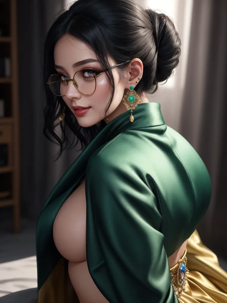 cartoon nued - a woman with glasses and a green dress is posing for a picture in a room with a window and a bookcase, by Chen Daofu