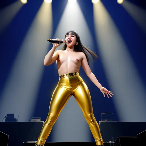 bitches girls - a woman in gold pants singing on stage with lights behind her and a microphone in her hand and a microphone in her other hand, by Terada Katsuya