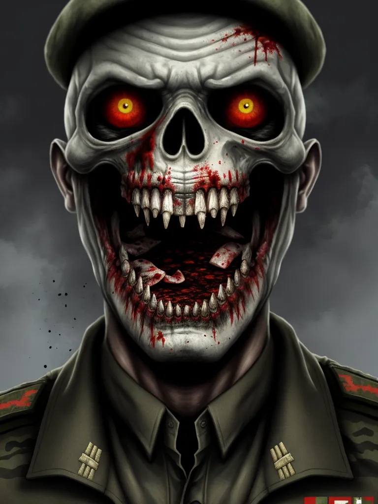 naked cick - a zombie soldier with red eyes and a hat on his head, with a cloudy background and a red eye, by Anton Semenov
