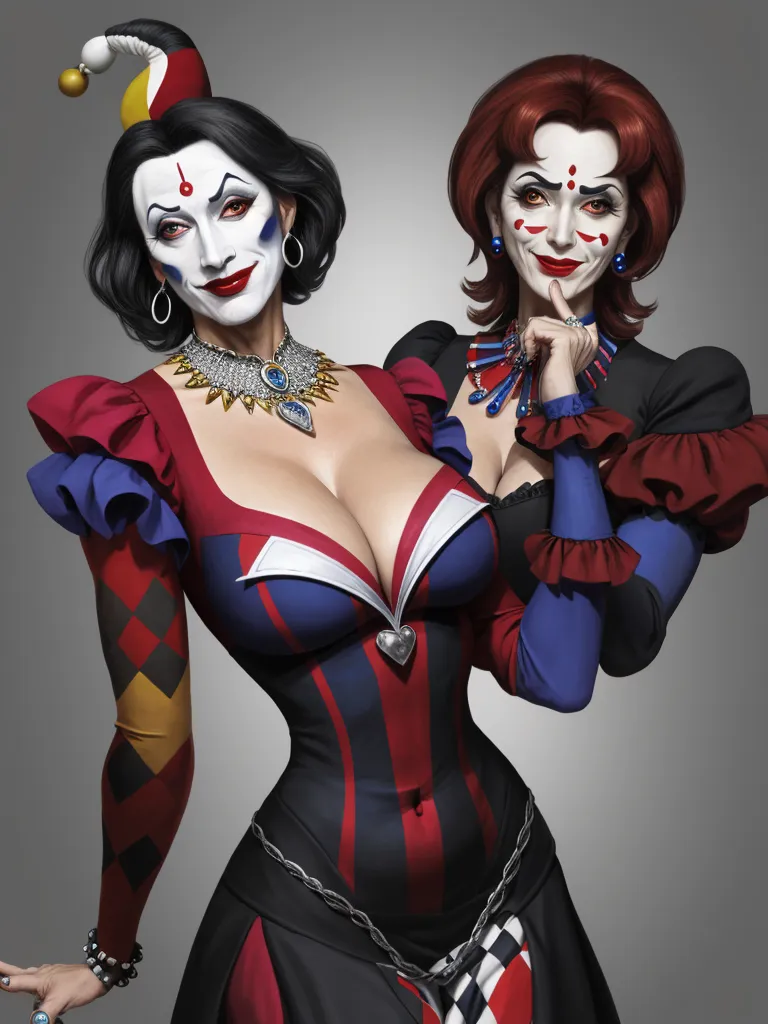 hot nude chicks - a woman in a costume with a clown makeup on her face and a woman in a dress with a clown makeup on her face, by François Quesnel