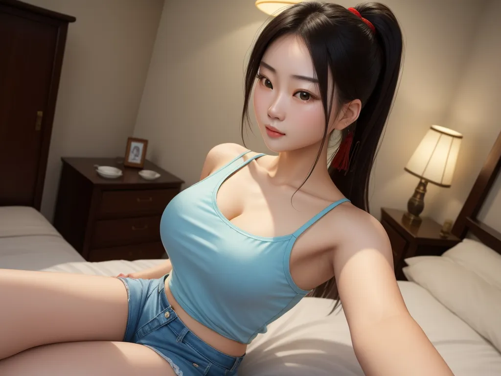 cartoon xxx anime - a woman in a blue top and shorts sitting on a bed with her legs crossed and her hand on her hips, by Chen Daofu