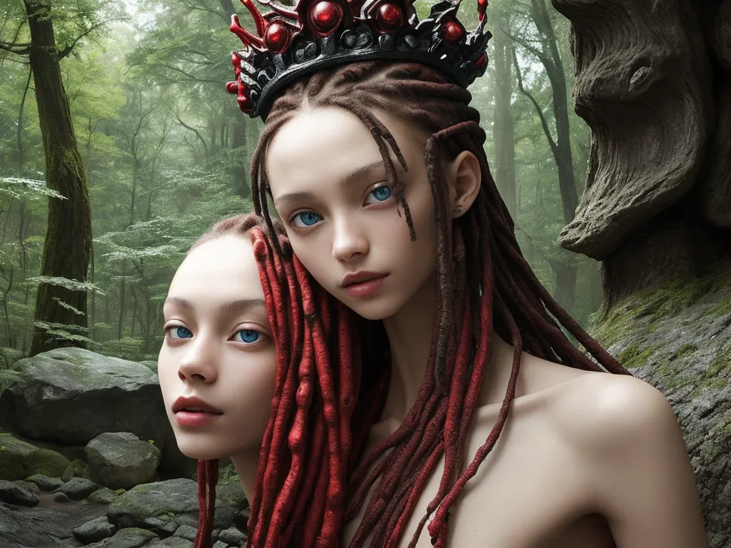 people naked pics - two women with red dreadlocks and a crown on their head in a forest with rocks and trees, by Terada Katsuya