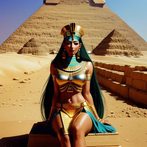 red head naked pics - a woman in a costume sitting on a stone block in front of a pyramid in egypt, with a blue sky in the background, by Hanna-Barbera