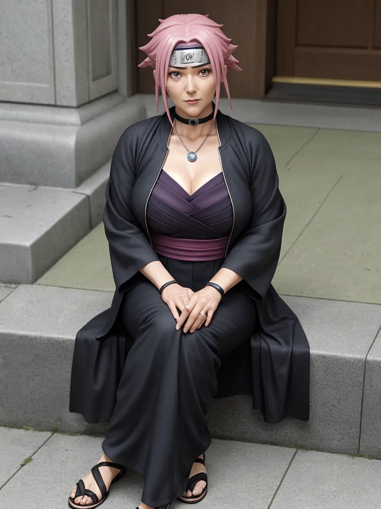 images of naked people - a woman with pink hair sitting on a step wearing a black outfit and a pink wig and a black dress, by Terada Katsuya