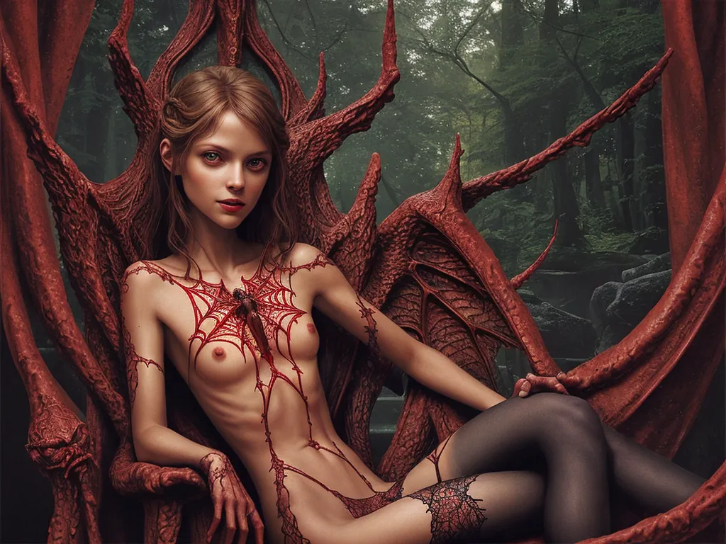 nude pics from home - a woman with red paint on her body sitting on a red chair in a forest with red vines and branches, by Ryohei Hase