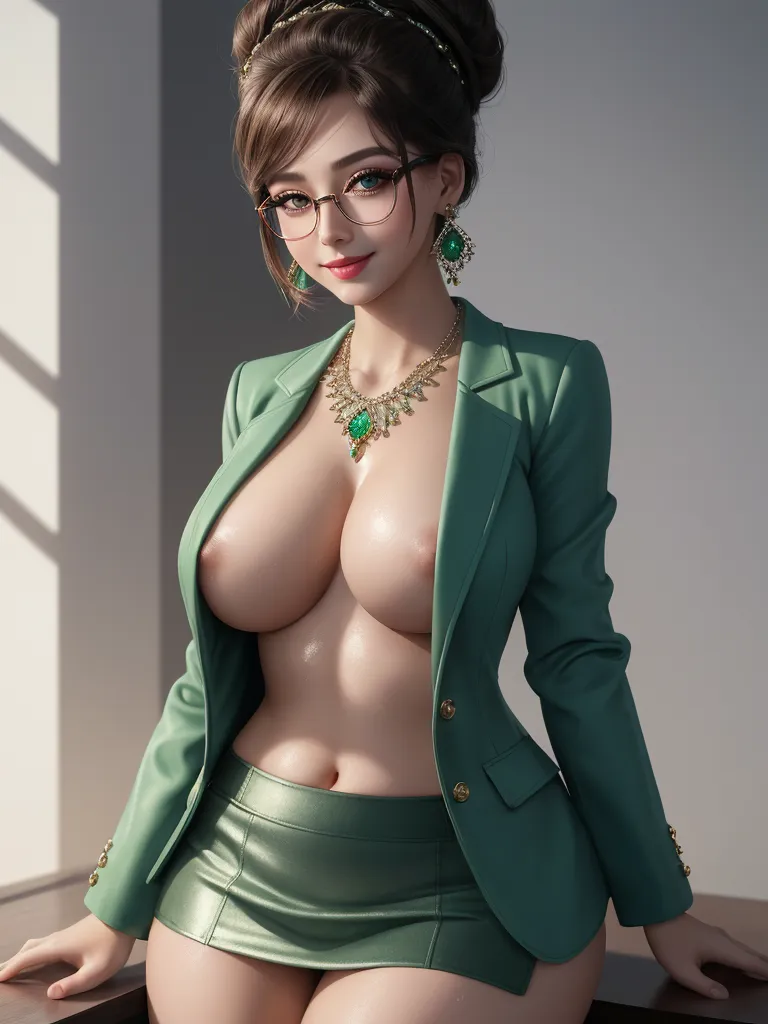 homemade naked pics - a woman with glasses and a green jacket on top of a table with a green skirt and a necklace, by Hirohiko Araki