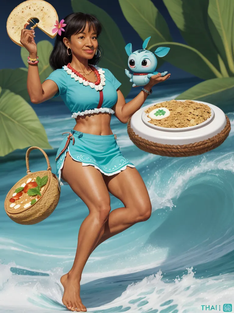 photos naked people - a woman in a blue bikini holding a plate of food and a basket of food in her hand and a cartoon character in the background, by Hanna-Barbera